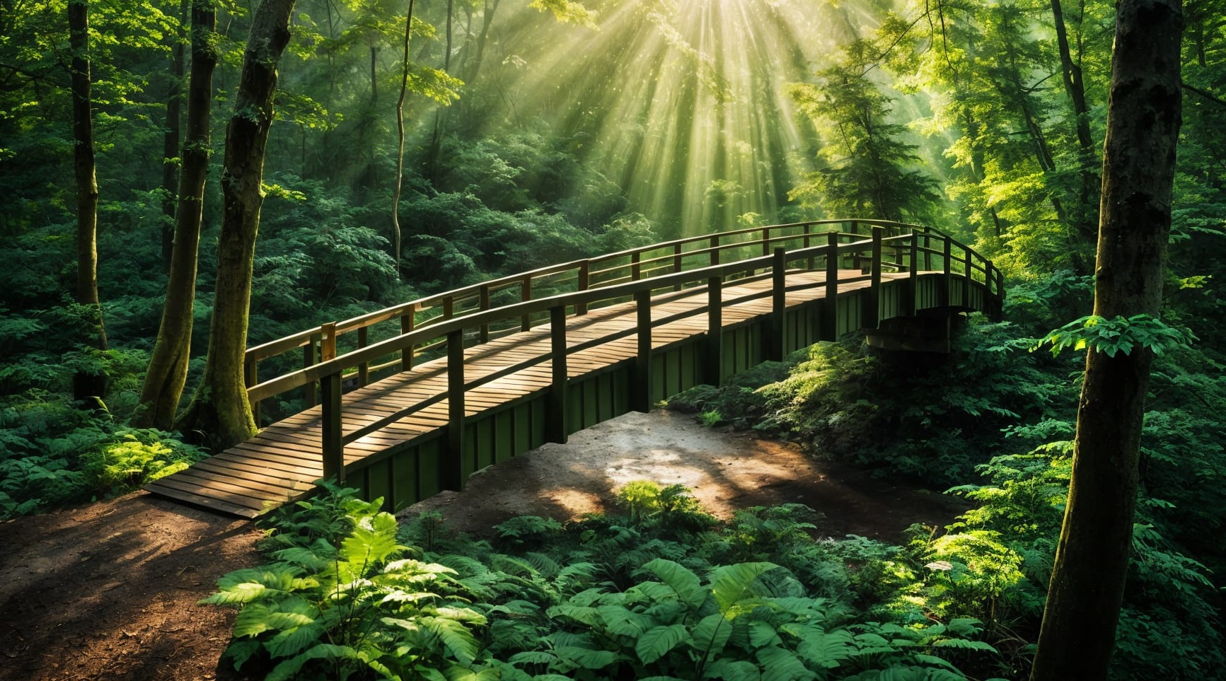 Una rigogliosa foresta attraversata da un solido ponte di legno conduce verso un sentiero illuminato dai caldi raggi del sole